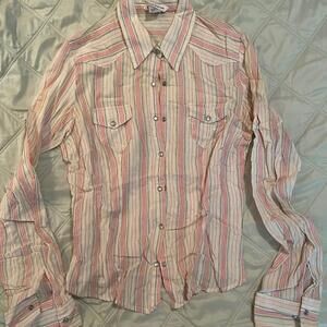 2000s Y2K 100% Cotton Western Style Pink Green Striped Snap Down Long Sleeve M